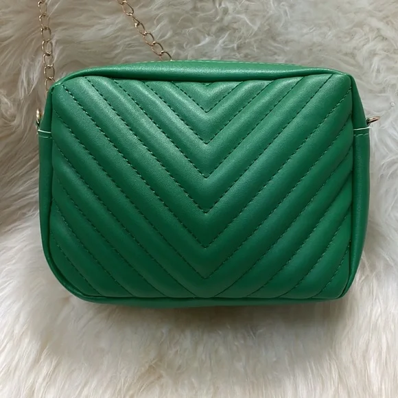 DESIGNER STYLE CROSSBODY CHAIN BAG CHEVRON STITCH GREEN - Picture 3 of 9